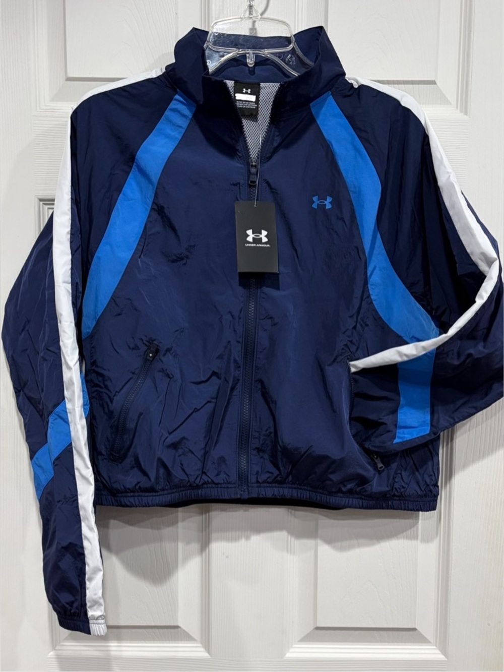 Under Armour Women's Medium Icon Crinkle Track Jacket Blue Navy NWT Pockets